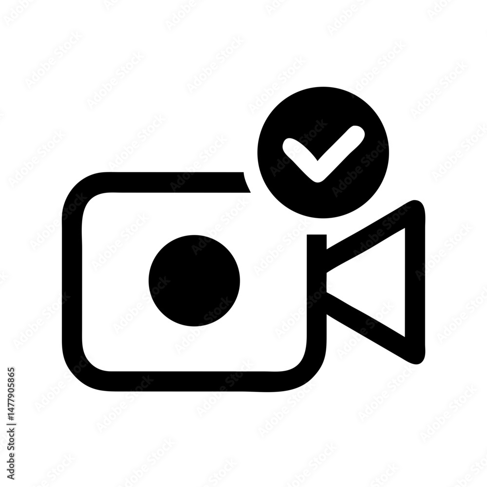 Poster video camera with checkmark icon representing approved recording or verified media capture