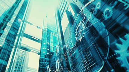 Skyscrapers from low angle view, futuristic data interface overlays the buildings