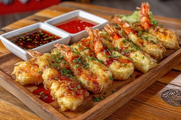 Fototapeta premium Delicious shrimp tempura served on a wooden tray with dipping sauces, a culinary delight, perfect for appetizers or a seafood feast, enhancing gastronomic experiences.