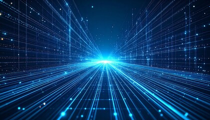A tunnel of blue light pierces the dark, with glowing data streams speeding toward a blinding source
