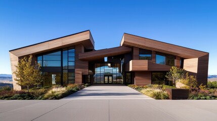 Fototapeta premium Modern Architectural Design of Wooden Facade with Glass Elements