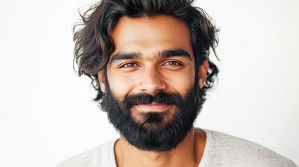Obraz premium portrait of an attractive indian male in his 30s with a beard smile and looking into the camera isolated against a white background