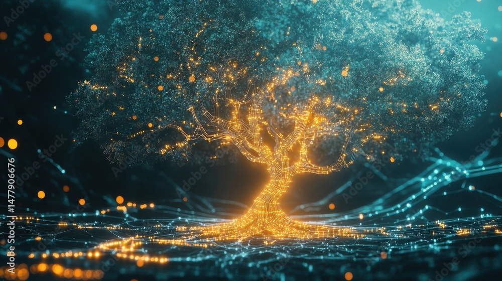 Poster tech tree, abstract data technology and data science illustration.