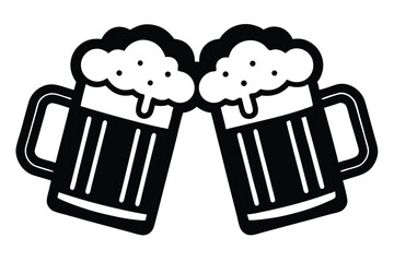 Two Clinking Black Beer Mugs Filled with Frothy Drink Illustration Design