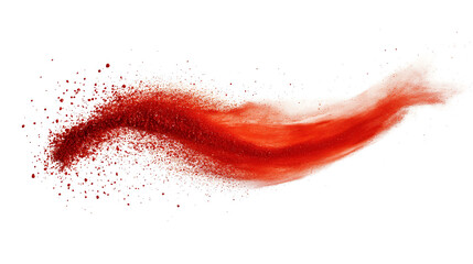 Abstract red powder explosion creating dynamic wave shape on clean white background perfect for graphic design and creative projects