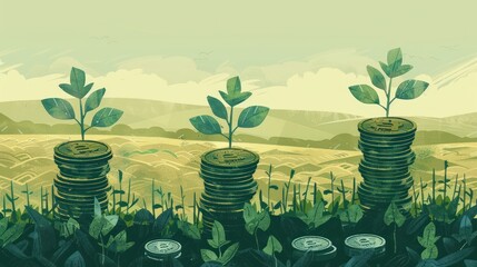 Illustration shows three stacks of coins with growing plants on top, set against fields and a sky