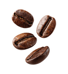 Obraz premium Close-Up of Four Roasted Coffee Beans with Rich Texture and Deep Brown Color, Perfectly Highlighted to Showcase Their Glossy Surface, Isolated on Transparent and White Background