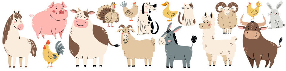 A set of flat vector illustrations in a simple children's style. Cute horse pig cow cow bull dog dog cat turkey hen chicken rooster sheep goat goose duck donkey rabbit on white background. Vector