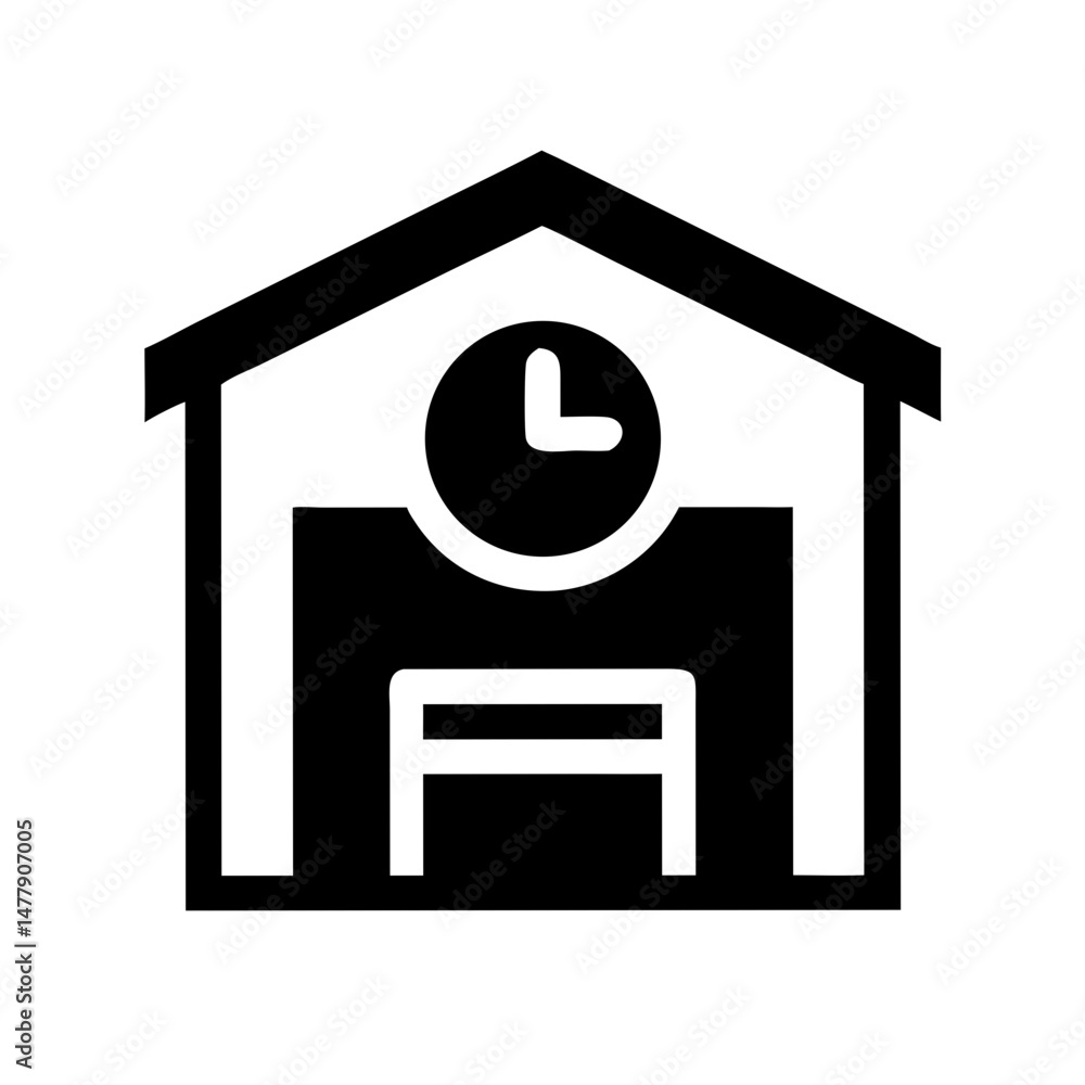 Poster warehouse with time management clock icon representing logistics and efficiency tracking