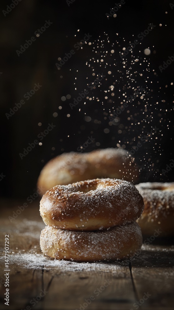 Poster stack of bagels dusted with powdered sugar on rustic wood surface in a studio food shot with a dark 