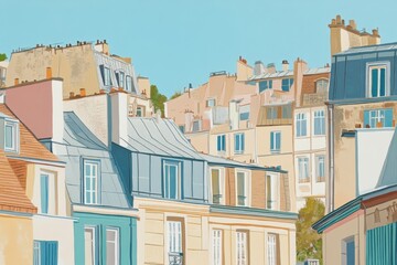 Paris Rooftops View from Below Capturing Architecture Details and Sky in France with Pastel Tones and Clean Lines in a Sunny Day