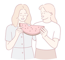 Two friends sharing a delicious slice of watermelon, embodying the essence of summer fun and friendship