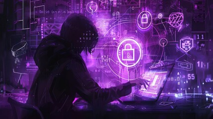 A digital art piece displays a hacker working on a laptop, surrounded by glowing interfaces
