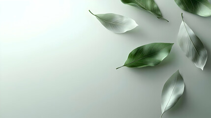 Light-green and silvery leaves scattered on a muted, light-gray surface.  Delicate, elegant and serene arrangement