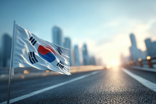 A vibrant Korean flag waving against a modern city skyline at sunrise, showcasing national pride and progress, set against a blurred cityscape on a bright morning. - Powered by Adobe