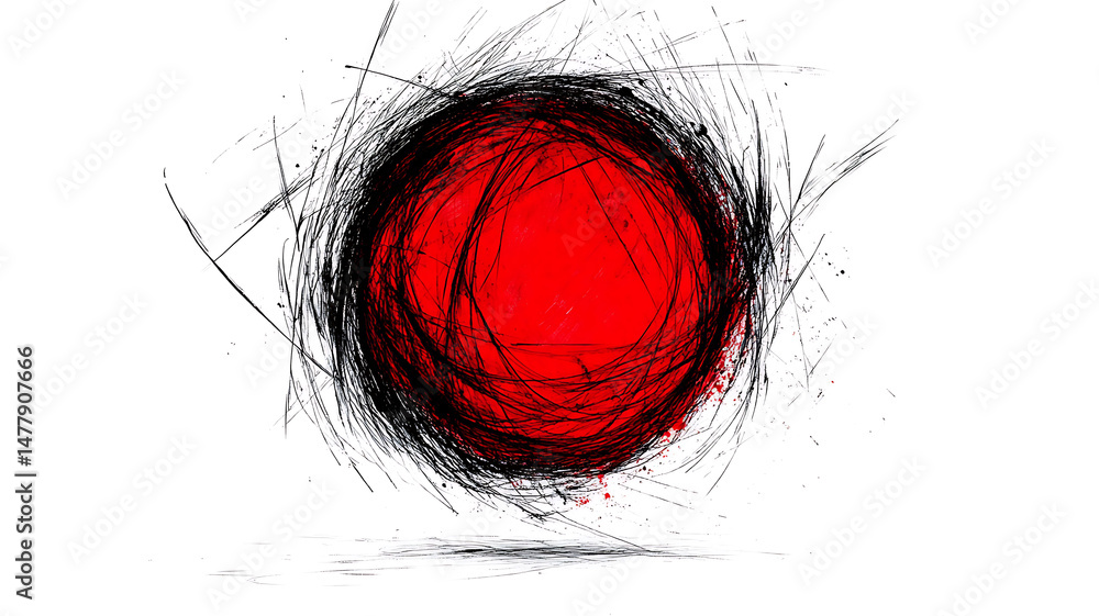 Poster abstract red sphere surrounded by dynamic black strokes artistic expression against white background