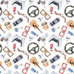 Seamless watercolor pattern with dad-themed items: joystick, car keys, sunglasses, coffee cup, guitar, headphones, steering wheel. Perfect for Father's Day cards, textiles, gift wrap.