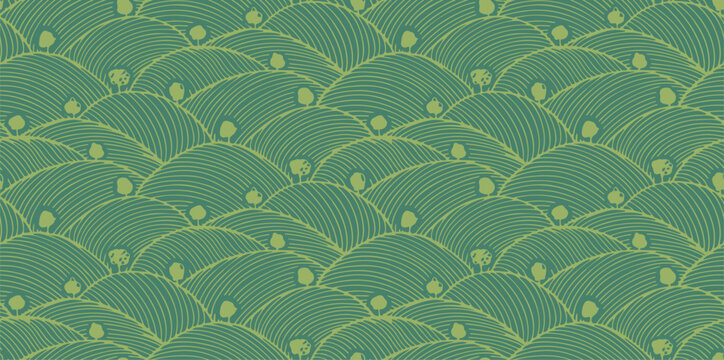 Pattern vineyard field farm texture. Wine background agriculture vector. Abstract aerial view of vineyard, organic green field waves. Woodcut illustration for eco packaging and modern merch.