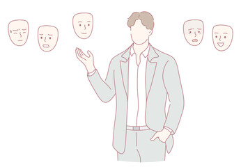 A person depicting a wide range of emotions using colorful and expressive masks in a highly creative setting