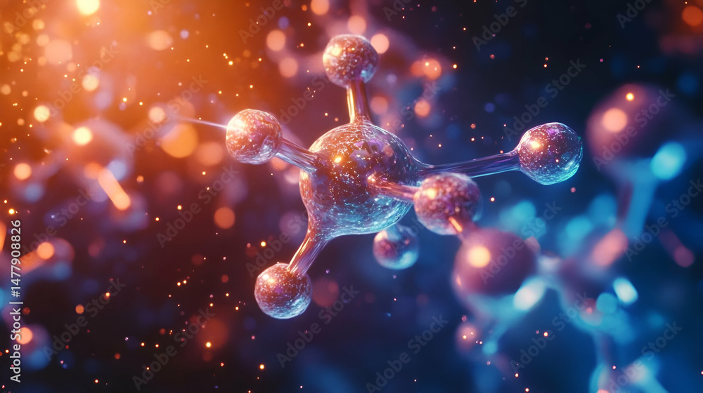 Poster glowing metallic molecule structure in dark background