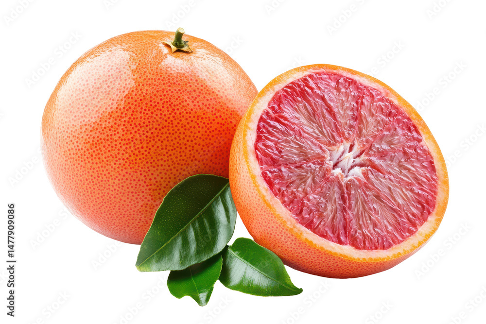 Poster ruby red grapefruit still life isolated on black background with slice and fresh green leaves