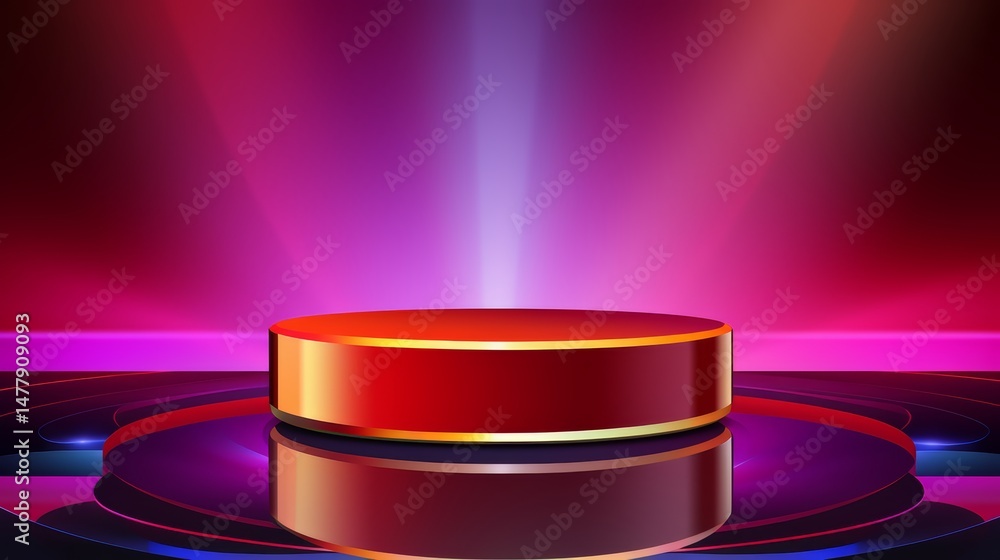 Poster red podium with a gold rim sits in a purple room. the room is lit with a bright light, creating a dr