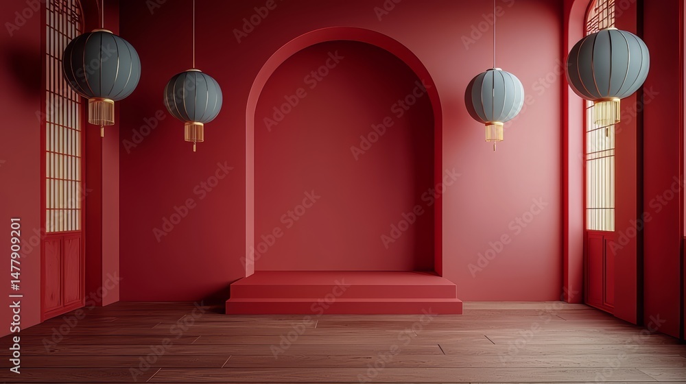 Poster red room with a wooden floor and a red archway. the archway is lit by four lanterns hanging from the