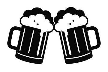 Black and White Illustration of Two Beer Mugs Toasting Each Other Celebrating