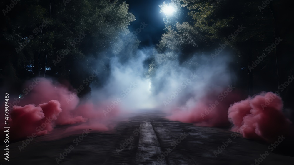 Poster red smoke trail is blowing down a road. the smoke is thick and billowing, creating a sense of myster