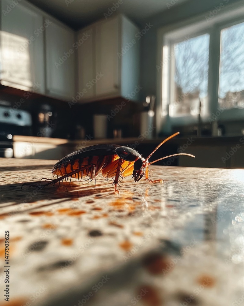 Poster cockroach crawling on kitchen counter close up eye level view sunlight streaming through window pest