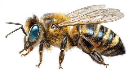 Detailed illustration of a bee showcasing intricate features, highlighting the delicate wings, vibrant colors, and realistic textures of this important insect species
