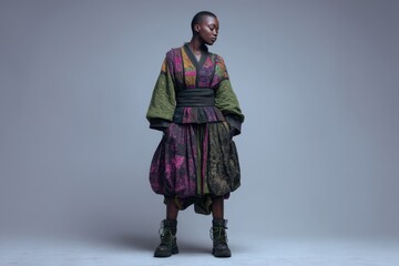 Stylish African woman wearing an eclectic patchwork dress and combat boots in studio, showcasing unique fashion and cultural expression with confidence and poise.