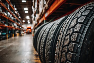 A set of car tires stacked in a warehouse with an aisle in the background, perfect for automobile parts store advertising, and automotive supply company promotions.
