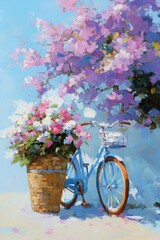 A blue bicycle is parked next to a large basket filled with vibrant flowers, painted in an impressionistic style with oil paints.