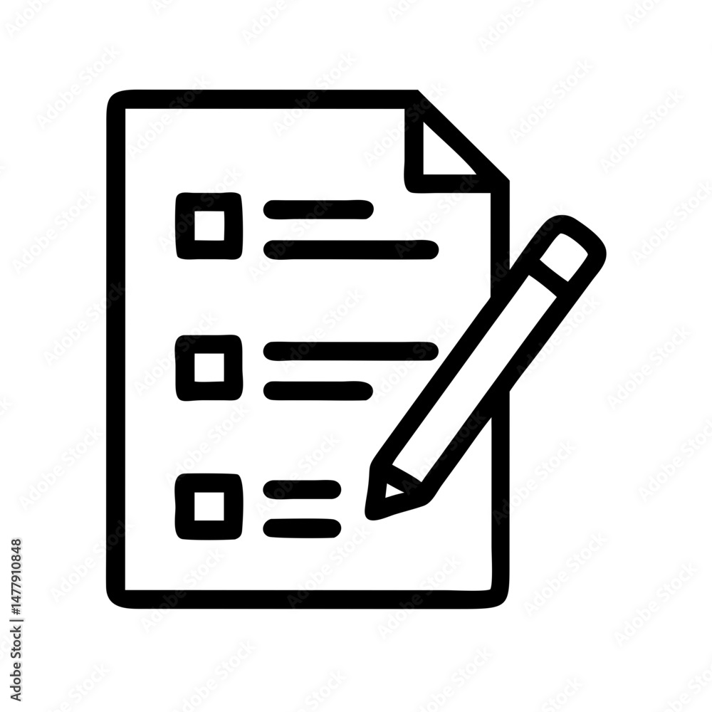 Poster survey sheet with checkmarks and pencil icon representing feedback form completion