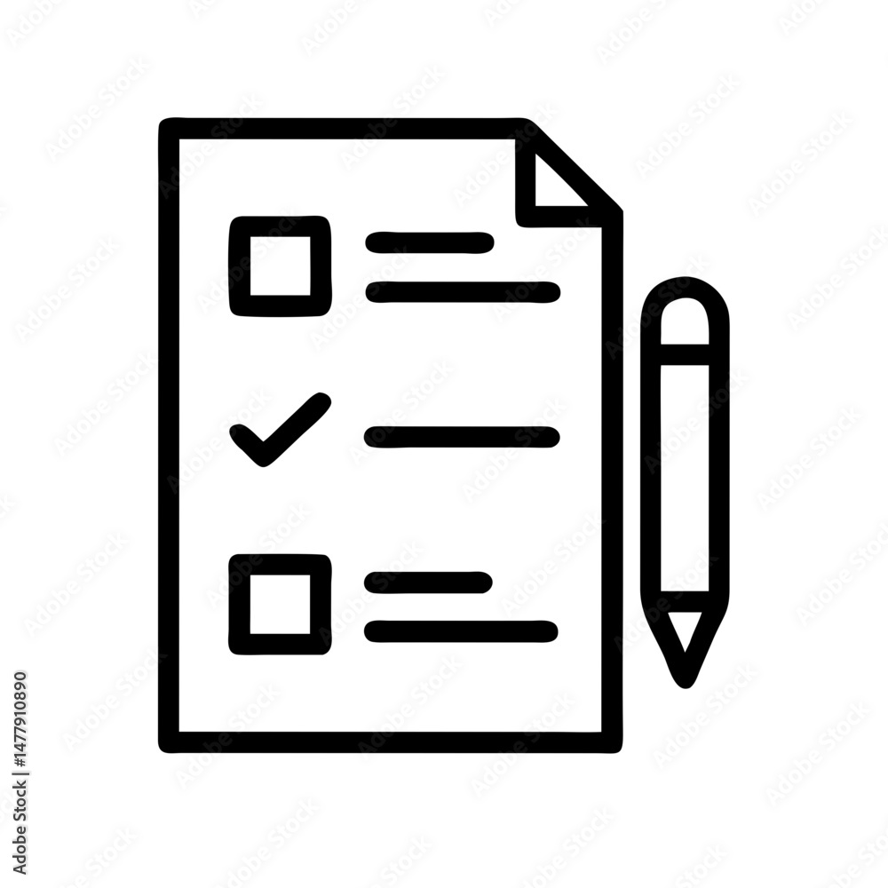 Poster survey sheet with checkmarks and pencil icon representing feedback form completion