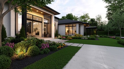 Modern Home Exterior with Lush Garden and Bright Landscaping