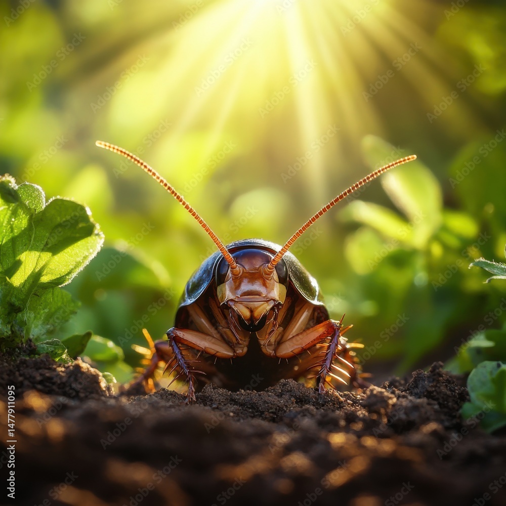 Poster cockroach crawling in garden soil close up macro shot eye level view with sunlight and greenery in b