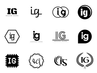 IG logo company template. Letter i and g logotype. Set different classic serif lettering and modern bold text with design elements. Initial font typography.