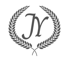 Initial letter J and Y, JY monogram logo design with laurel wreath. Luxury calligraphy font.