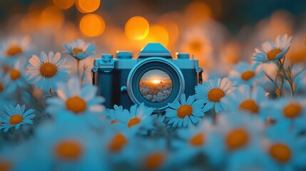 Sunset captured by a vintage camera amidst a field of daisies