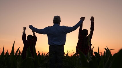 Happy family, parent son daughter hold hands together, family business teamwork. Father farmer...