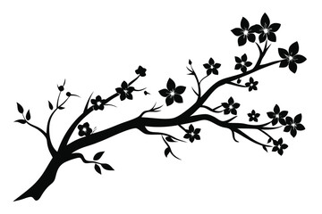 Graphic Black Floral Branch with Blossoms, Buds, and Leaves Silhouetted Against Bright Background