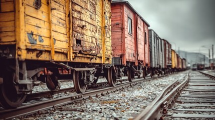 Fototapeta premium A train with yellow and red cars is parked on the tracks