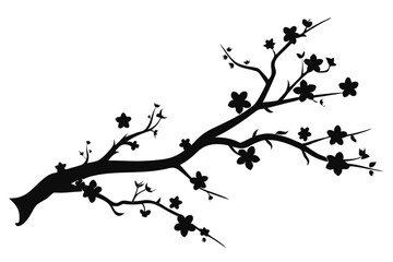 Black Silhouette of Blooming Plum Blossom Branch, Graphic Floral Art, Design Element