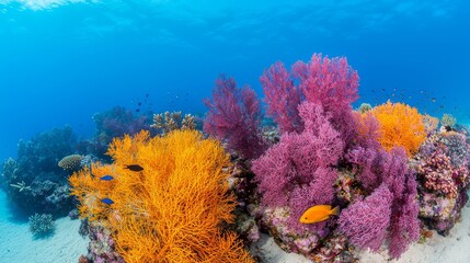 Naklejka premium A vibrant coral reef ecosystem thrives underwater showcasing colorful sea fans and diverse fish species swimming among them.