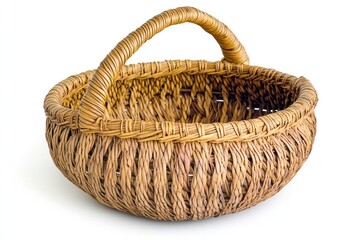 Hand-woven, round basket with handle.  Made from natural materials