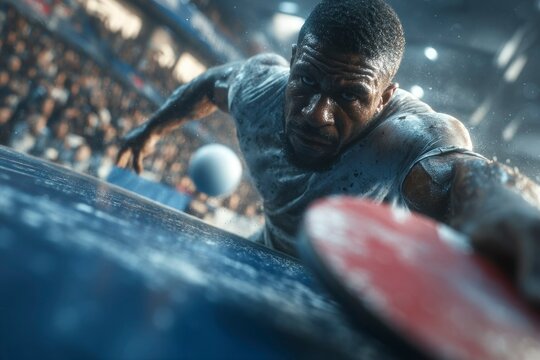 Intense Table Tennis Player in Action Sweating and Focused During a Competitive Match