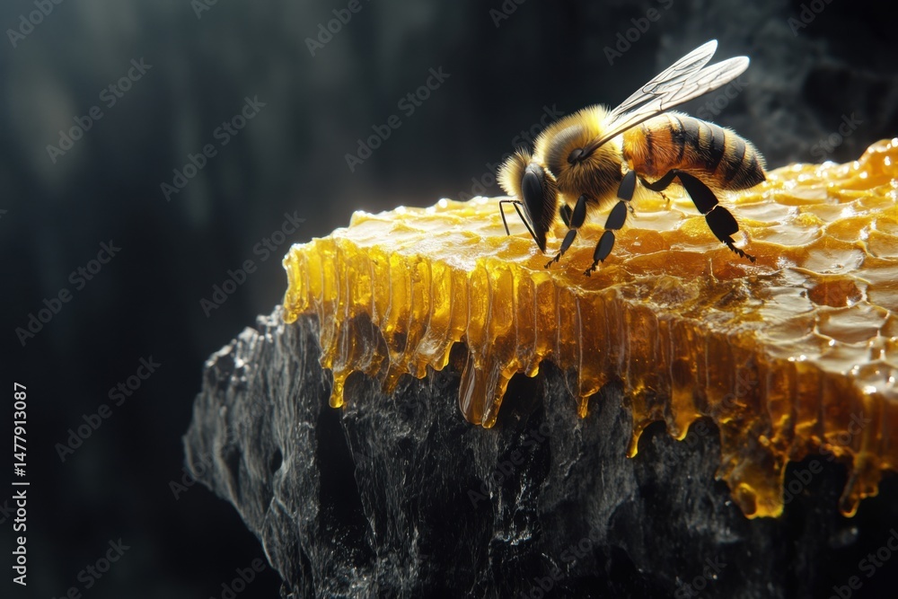 Poster honeybee extracting nectar from honeycomb close up macro shot with dark background and dramatic ligh