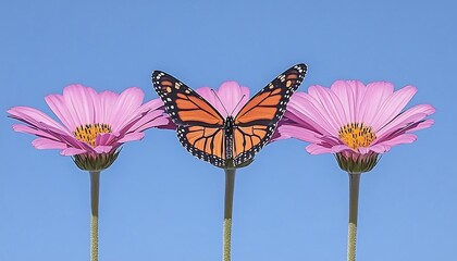 Monarch butterfly on pink flowers against blue sky